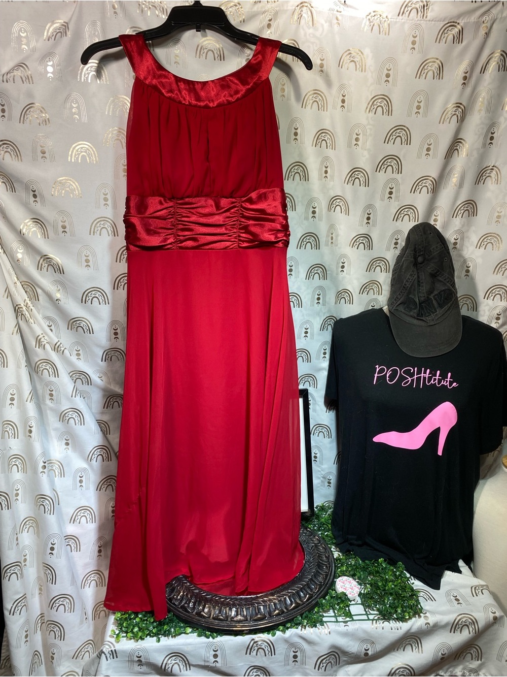 connected apparel Red Satin-Trim Empire Waist Prom Dress